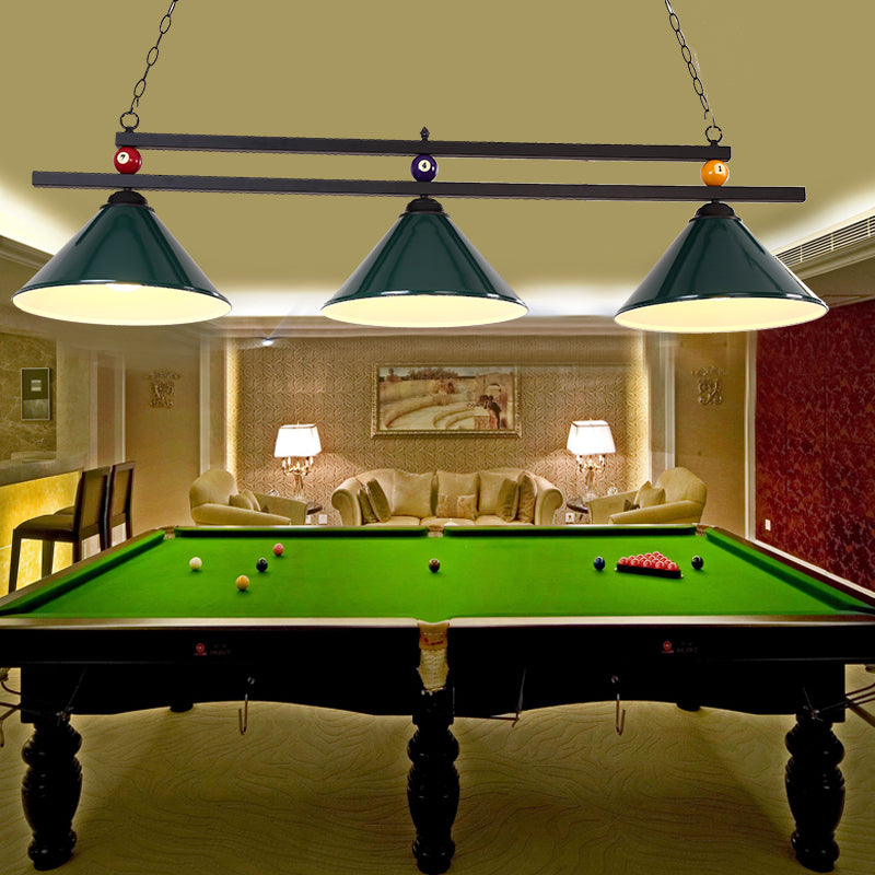Billiard Chandelier Country Style Bar Island Lighting Fixture with Cone Metal Shade 3 Green Clearhalo 'Ceiling Lights' 'Island Lights' Lighting' 2465928