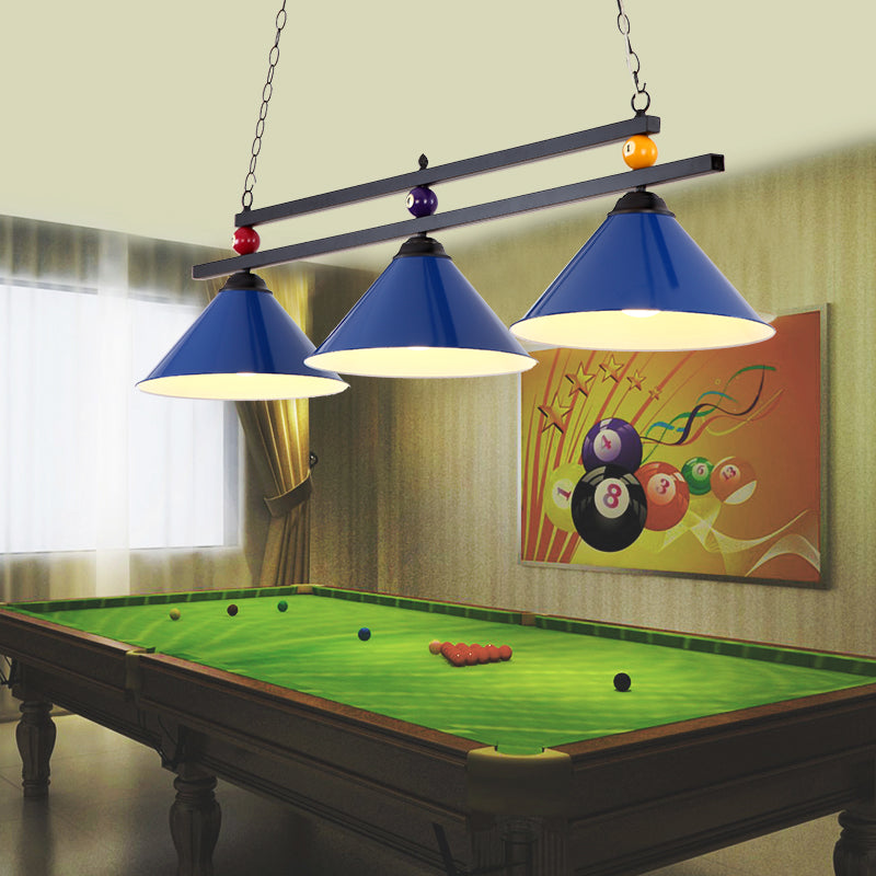 Billiard Chandelier Country Style Bar Island Lighting Fixture with Cone Metal Shade 3 Blue Clearhalo 'Ceiling Lights' 'Island Lights' Lighting' 2465930
