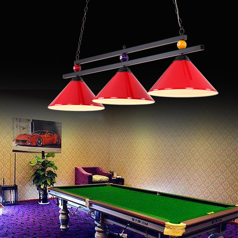 Billiard Chandelier Country Style Bar Island Lighting Fixture with Cone Metal Shade 3 Red Clearhalo 'Ceiling Lights' 'Island Lights' Lighting' 2465931