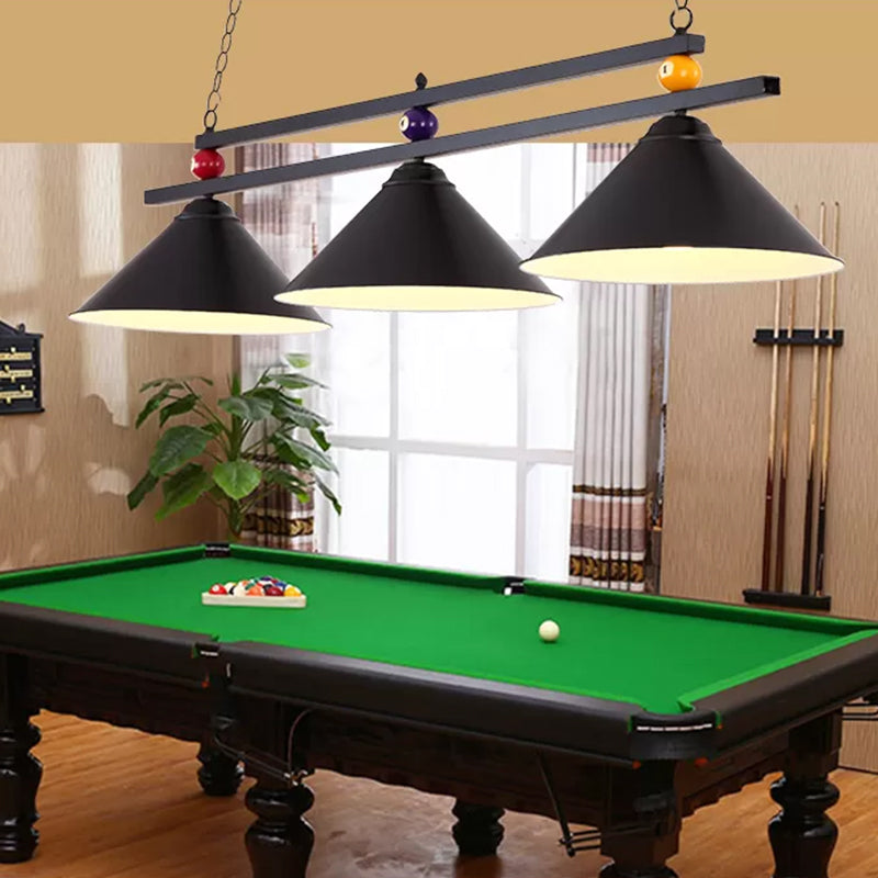 Billiard Chandelier Country Style Bar Island Lighting Fixture with Cone Metal Shade 3 Black Clearhalo 'Ceiling Lights' 'Island Lights' Lighting' 2465952