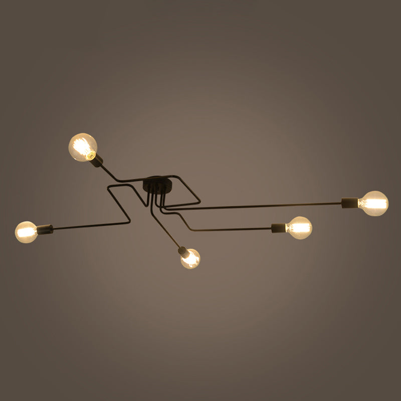 Country Style Exposed Bulb Ceiling Mounted Lamp 5-Light Metal Semi Flush Mount in Black Clearhalo 'Ceiling Lights' 'Close To Ceiling Lights' 'Close to ceiling' 'Semi-flushmount' Lighting' 2466010