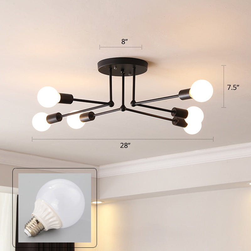 Nordic Bare Bulb Semi Flush Mount Metal Ceiling Light Fixture in Black for Bedroom