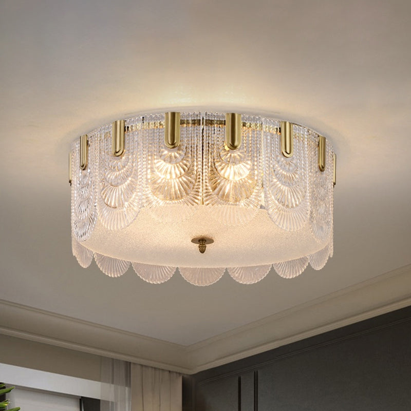 Clear Textured Glass Drum Ceiling Fixture Contemporary Flush Mounted Light with Scalloped Edge Clear Clearhalo 'Ceiling Lights' 'Close To Ceiling Lights' 'Close to ceiling' 'Flush mount' Lighting' 2466019