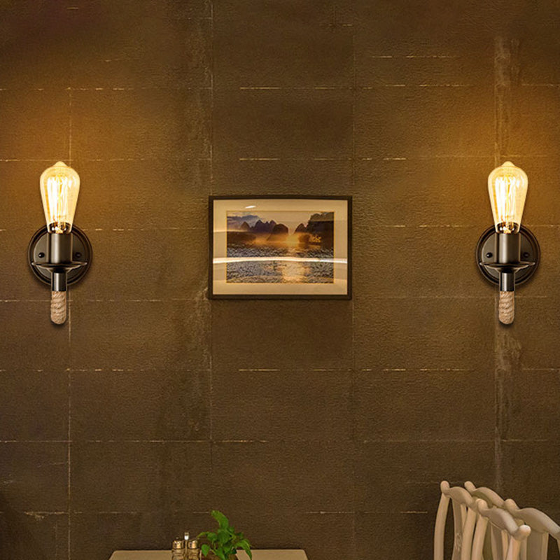 Black Exposed Bulb Wall Lighting Country Metal Single Aisle Sconce with Rope Wrapped Arm Clearhalo 'Industrial wall lights' 'Industrial' 'Middle century wall lights' 'Tiffany' 'Wall Lamps & Sconces' 'Wall Lights' Lighting' 2466056