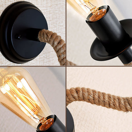 Black Exposed Bulb Wall Lighting Country Metal Single Aisle Sconce with Rope Wrapped Arm Clearhalo 'Industrial wall lights' 'Industrial' 'Middle century wall lights' 'Tiffany' 'Wall Lamps & Sconces' 'Wall Lights' Lighting' 2466057