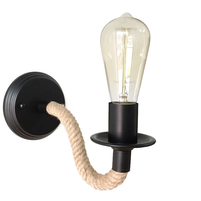 Black Exposed Bulb Wall Lighting Country Metal Single Aisle Sconce with Rope Wrapped Arm Clearhalo 'Industrial wall lights' 'Industrial' 'Middle century wall lights' 'Tiffany' 'Wall Lamps & Sconces' 'Wall Lights' Lighting' 2466058