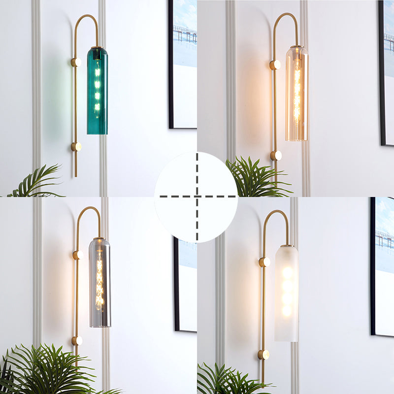 Mid-Century Gooseneck Wall Light Metal 1-Light Living Room Wall Sconce with Flute Glass Shade Clearhalo 'Cast Iron' 'Glass' 'Industrial' 'Modern wall lights' 'Modern' 'Tiffany' 'Traditional wall lights' 'Wall Lamps & Sconces' 'Wall Lights' Lighting' 2466071