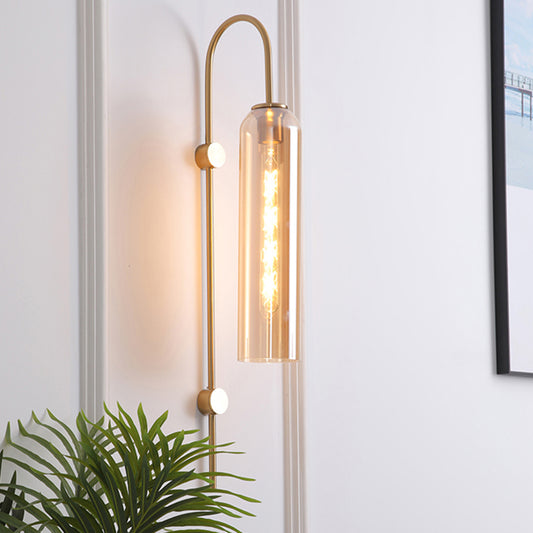Mid-Century Gooseneck Wall Light Metal 1-Light Living Room Wall Sconce with Flute Glass Shade Amber Clearhalo 'Cast Iron' 'Glass' 'Industrial' 'Modern wall lights' 'Modern' 'Tiffany' 'Traditional wall lights' 'Wall Lamps & Sconces' 'Wall Lights' Lighting' 2466072
