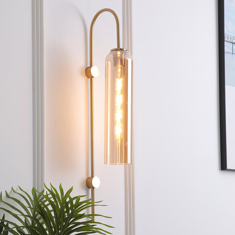Mid-Century Gooseneck Wall Light Metal 1-Light Living Room Wall Sconce with Flute Glass Shade Clearhalo 'Cast Iron' 'Glass' 'Industrial' 'Modern wall lights' 'Modern' 'Tiffany' 'Traditional wall lights' 'Wall Lamps & Sconces' 'Wall Lights' Lighting' 2466076