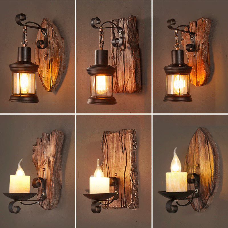 Wooden Brown Wall Light Fixture Geometric Shaped Country Style Wall Sconce for Corridor Clearhalo 'Industrial wall lights' 'Industrial' 'Middle century wall lights' 'Rustic wall lights' 'Tiffany' 'Wall Lamps & Sconces' 'Wall Lights' Lighting' 2466080