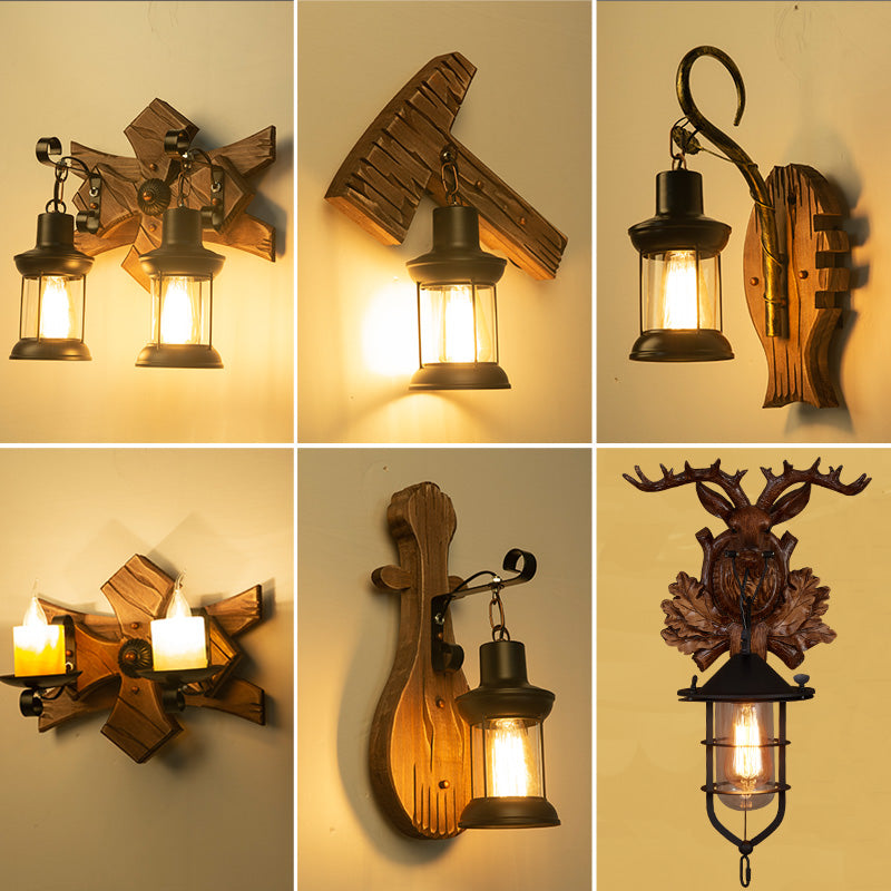 Wooden Brown Wall Light Fixture Geometric Shaped Country Style Wall Sconce for Corridor Clearhalo 'Industrial wall lights' 'Industrial' 'Middle century wall lights' 'Rustic wall lights' 'Tiffany' 'Wall Lamps & Sconces' 'Wall Lights' Lighting' 2466083