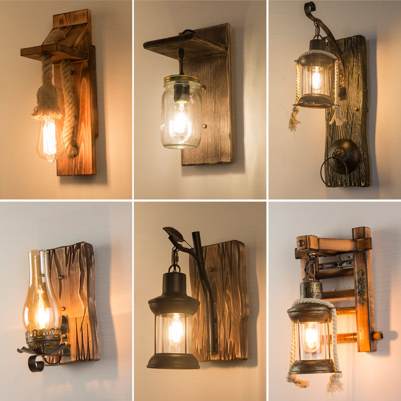 Wooden Brown Wall Light Fixture Geometric Shaped Country Style Wall Sconce for Corridor Clearhalo 'Industrial wall lights' 'Industrial' 'Middle century wall lights' 'Rustic wall lights' 'Tiffany' 'Wall Lamps & Sconces' 'Wall Lights' Lighting' 2466085