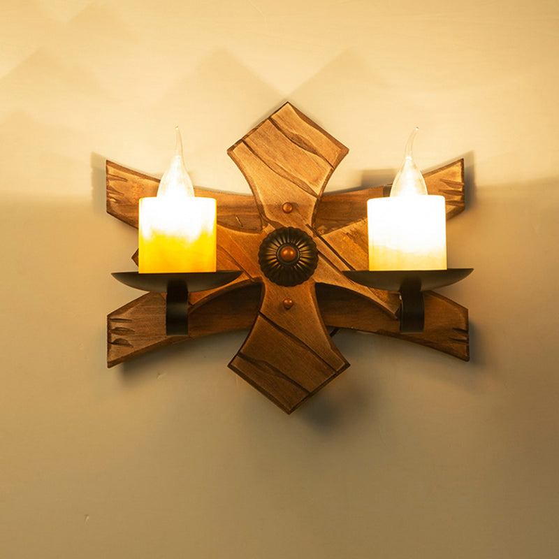 Wooden Brown Wall Light Fixture Geometric Shaped Country Style Wall Sconce for Corridor Brown Flower Clearhalo 'Industrial wall lights' 'Industrial' 'Middle century wall lights' 'Rustic wall lights' 'Tiffany' 'Wall Lamps & Sconces' 'Wall Lights' Lighting' 2466086