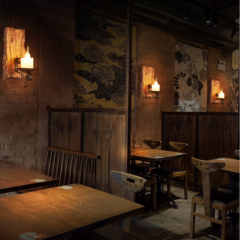 Wooden Brown Wall Light Fixture Geometric Shaped Country Style Wall Sconce for Corridor Clearhalo 'Industrial wall lights' 'Industrial' 'Middle century wall lights' 'Rustic wall lights' 'Tiffany' 'Wall Lamps & Sconces' 'Wall Lights' Lighting' 2466087