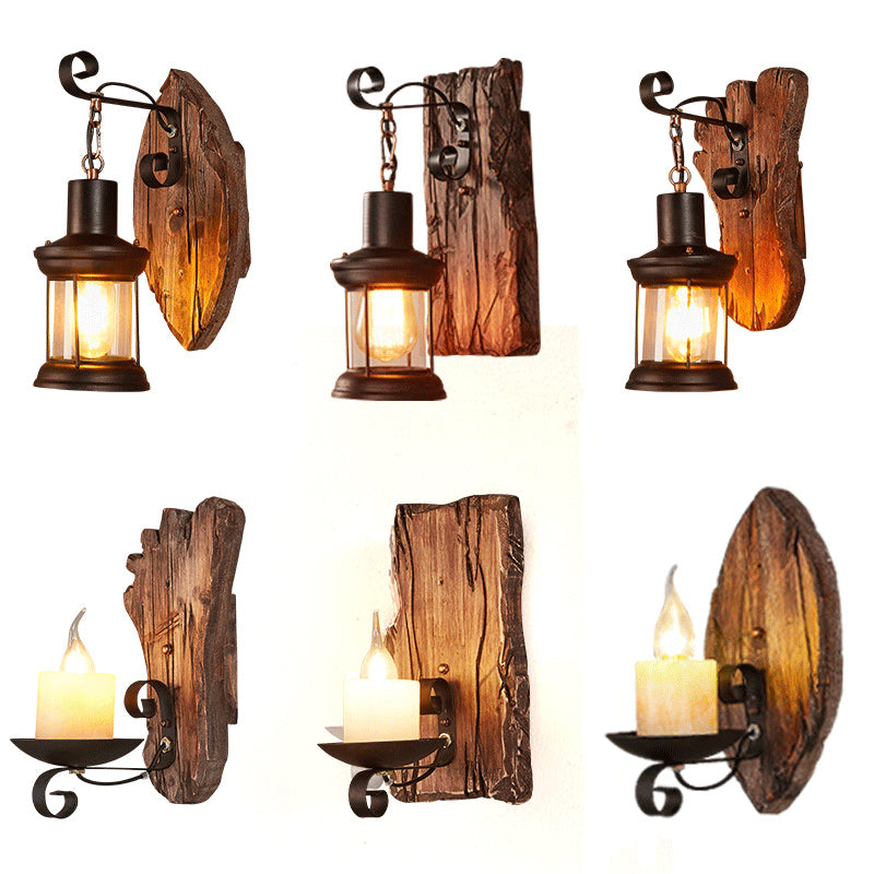 Wooden Brown Wall Light Fixture Geometric Shaped Country Style Wall Sconce for Corridor Clearhalo 'Industrial wall lights' 'Industrial' 'Middle century wall lights' 'Rustic wall lights' 'Tiffany' 'Wall Lamps & Sconces' 'Wall Lights' Lighting' 2466088