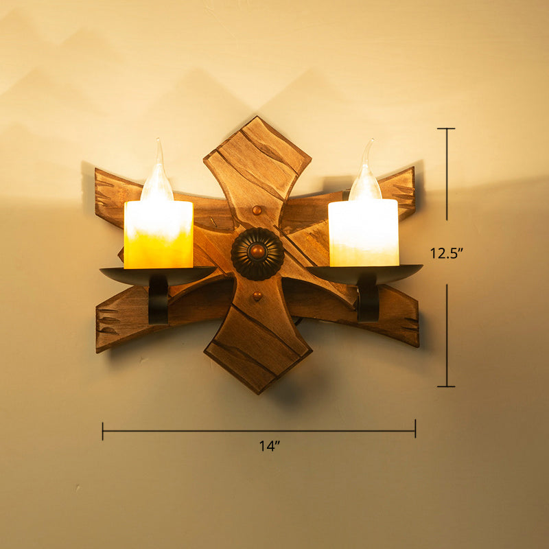 Wooden Brown Wall Light Fixture Geometric Shaped Country Style Wall Sconce for Corridor Clearhalo 'Industrial wall lights' 'Industrial' 'Middle century wall lights' 'Rustic wall lights' 'Tiffany' 'Wall Lamps & Sconces' 'Wall Lights' Lighting' 2466096
