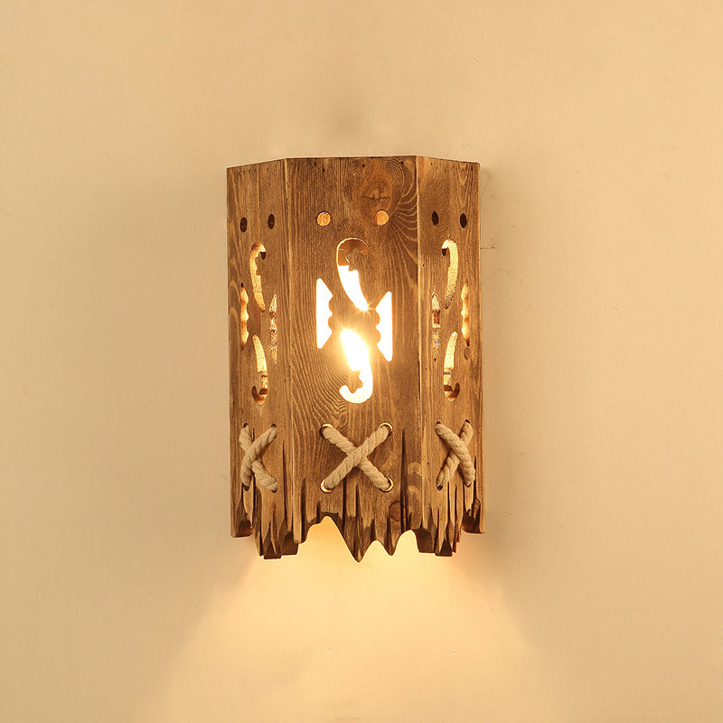 Wooden Brown Wall Light Fixture Geometric Shaped Country Style Wall Sconce for Corridor Brown Lantern Clearhalo 'Industrial wall lights' 'Industrial' 'Middle century wall lights' 'Rustic wall lights' 'Tiffany' 'Wall Lamps & Sconces' 'Wall Lights' Lighting' 2466120