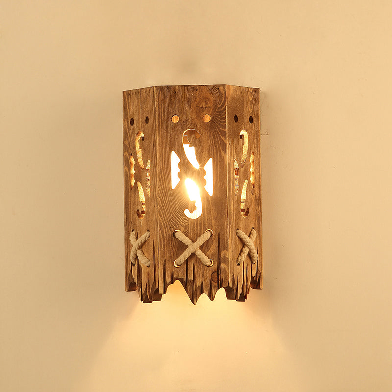 Wooden Brown Wall Light Fixture Geometric Shaped Country Style Wall Sconce for Corridor Brown Lantern Clearhalo 'Industrial wall lights' 'Industrial' 'Middle century wall lights' 'Rustic wall lights' 'Tiffany' 'Wall Lamps & Sconces' 'Wall Lights' Lighting' 2466120