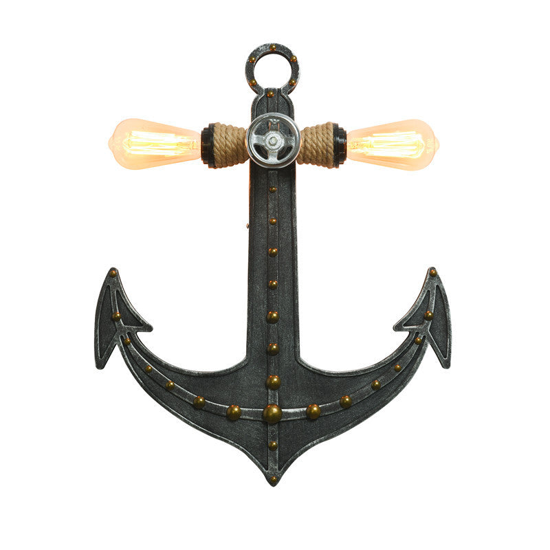 Iron Anchor Shaped Wall Lamp Art Deco 2 Bulbs Bedroom Sconce Light Fixture in Black Clearhalo 'Art deco wall lights' 'Cast Iron' 'Glass' 'Industrial wall lights' 'Industrial' 'Middle century wall lights' 'Modern' 'Rustic wall lights' 'Tiffany' 'Traditional wall lights' 'Wall Lamps & Sconces' 'Wall Lights' Lighting' 2466131