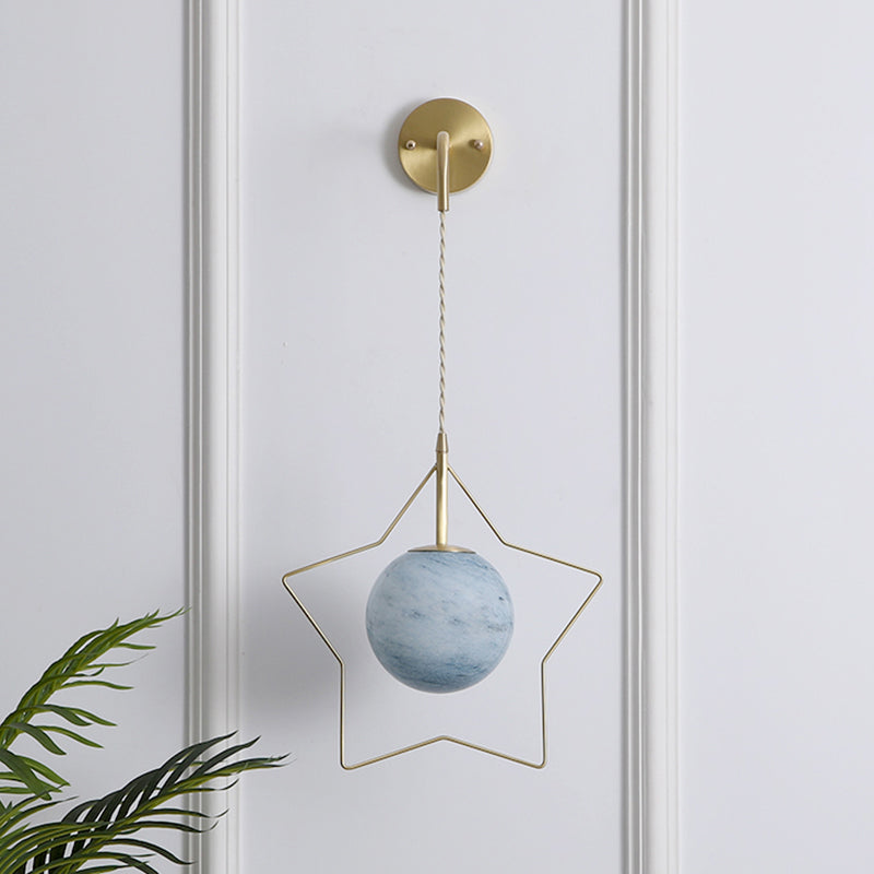Brass Star Wall Hanging Lamp Nordic Metal Single Bedroom Wall Light with Ball Glass Shade Blue Clearhalo 'Art deco wall lights' 'Cast Iron' 'Glass' 'Industrial wall lights' 'Industrial' 'Middle century wall lights' 'Modern' 'Rustic wall lights' 'Tiffany' 'Traditional wall lights' 'Wall Lamps & Sconces' 'Wall Lights' Lighting' 2466134