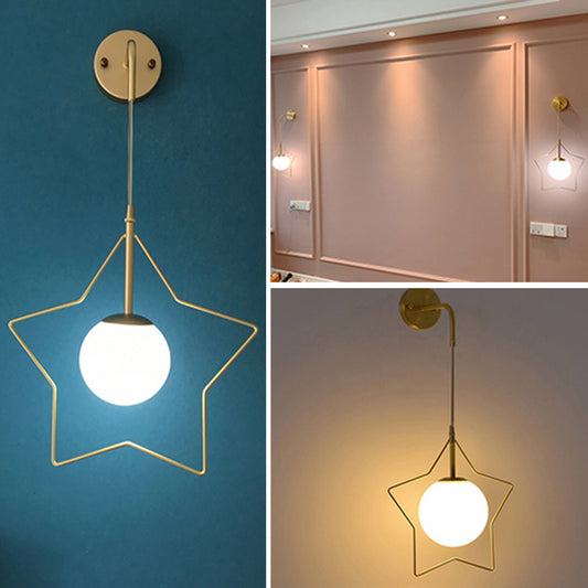 Brass Star Wall Hanging Lamp Nordic Metal Single Bedroom Wall Light with Ball Glass Shade Clearhalo 'Art deco wall lights' 'Cast Iron' 'Glass' 'Industrial wall lights' 'Industrial' 'Middle century wall lights' 'Modern' 'Rustic wall lights' 'Tiffany' 'Traditional wall lights' 'Wall Lamps & Sconces' 'Wall Lights' Lighting' 2466137