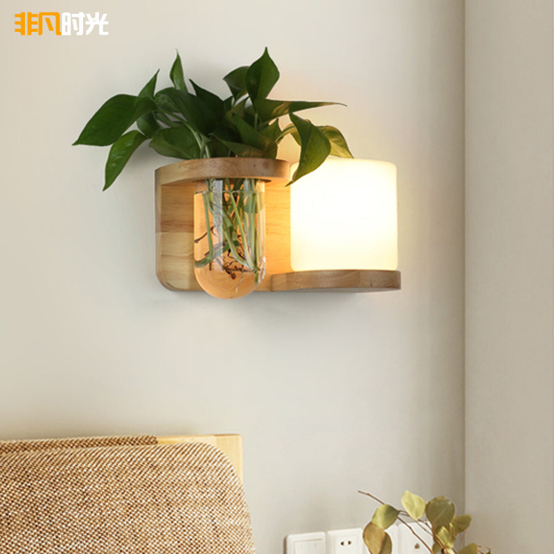 Cream Glass Cube Sconce Lamp Art Deco 1-Bulb Wood Wall Mount Light with Hydroponic Plant Pot Clearhalo 'Industrial wall lights' 'Industrial' 'Middle century wall lights' 'Rustic wall lights' 'Tiffany' 'Wall Lamps & Sconces' 'Wall Lights' Lighting' 2466141