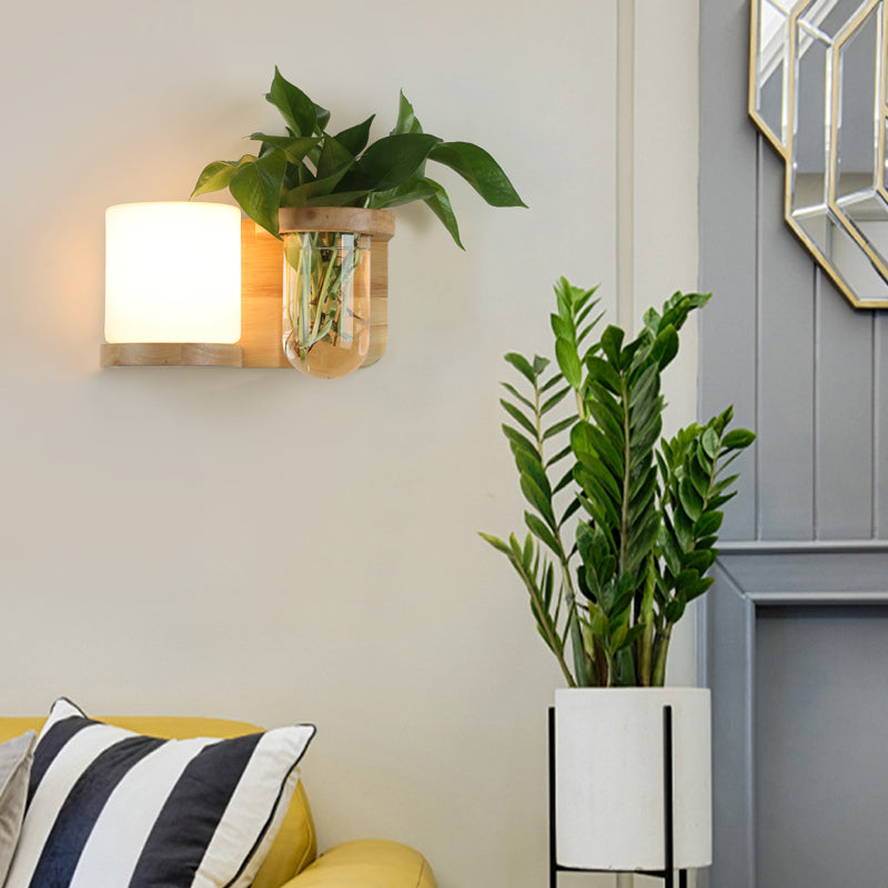 Cream Glass Cube Sconce Lamp Art Deco 1-Bulb Wood Wall Mount Light with Hydroponic Plant Pot Clearhalo 'Industrial wall lights' 'Industrial' 'Middle century wall lights' 'Rustic wall lights' 'Tiffany' 'Wall Lamps & Sconces' 'Wall Lights' Lighting' 2466144