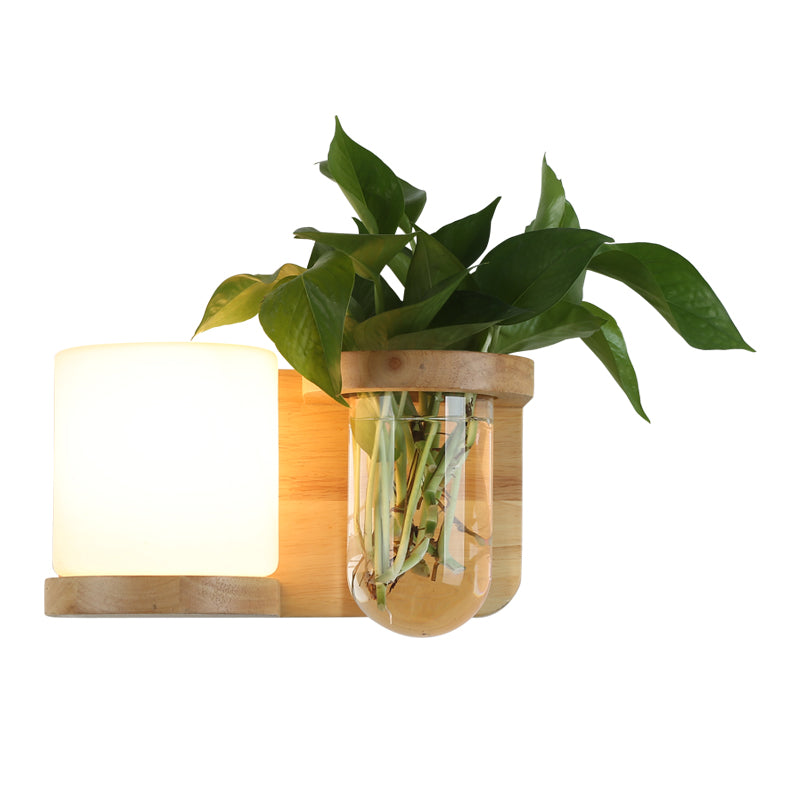 Cream Glass Cube Sconce Lamp Art Deco 1-Bulb Wood Wall Mount Light with Hydroponic Plant Pot Clearhalo 'Industrial wall lights' 'Industrial' 'Middle century wall lights' 'Rustic wall lights' 'Tiffany' 'Wall Lamps & Sconces' 'Wall Lights' Lighting' 2466147