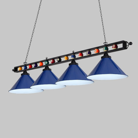 Iron Linear Island Ceiling Light Industrial Country Club Billiard Chandelier with Cone Shade 4 Blue Metal Frame Clearhalo 'Ceiling Lights' 'Island Lights' Lighting' 2466231