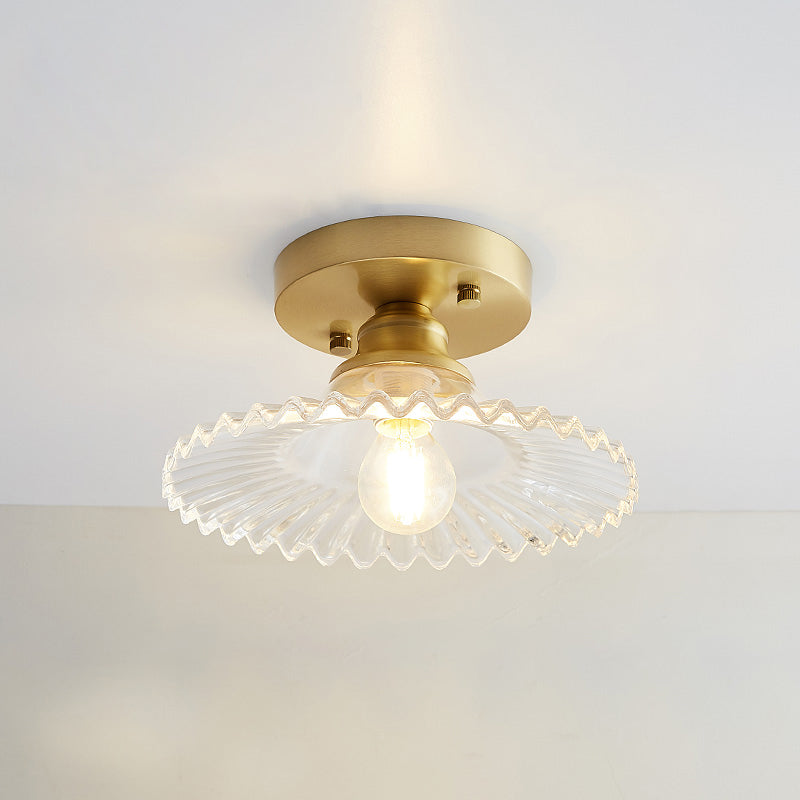 Industrial Small Ceiling Light Fixture 1-Light Textured Glass Semi Flush Mount in Brass for Aisle Brass Wavy Clearhalo 'Ceiling Lights' 'Close To Ceiling Lights' 'Close to ceiling' 'Semi-flushmount' Lighting' 2466312