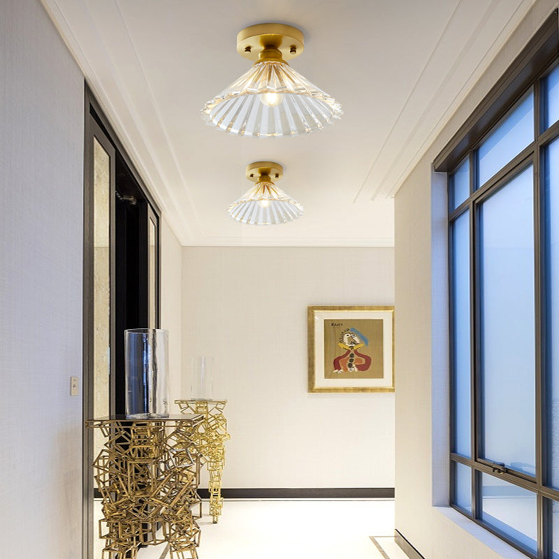 Industrial Small Ceiling Light Fixture 1-Light Textured Glass Semi Flush Mount in Brass for Aisle Clearhalo 'Ceiling Lights' 'Close To Ceiling Lights' 'Close to ceiling' 'Semi-flushmount' Lighting' 2466317