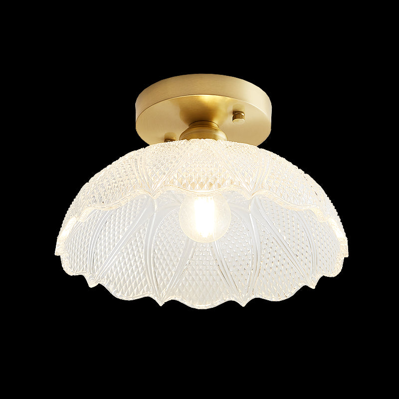 Industrial Small Ceiling Light Fixture 1-Light Textured Glass Semi Flush Mount in Brass for Aisle Clearhalo 'Ceiling Lights' 'Close To Ceiling Lights' 'Close to ceiling' 'Semi-flushmount' Lighting' 2466319