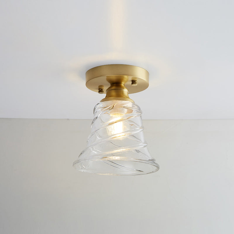 Industrial Small Ceiling Light Fixture 1-Light Textured Glass Semi Flush Mount in Brass for Aisle Brass Bell Clearhalo 'Ceiling Lights' 'Close To Ceiling Lights' 'Close to ceiling' 'Semi-flushmount' Lighting' 2466320