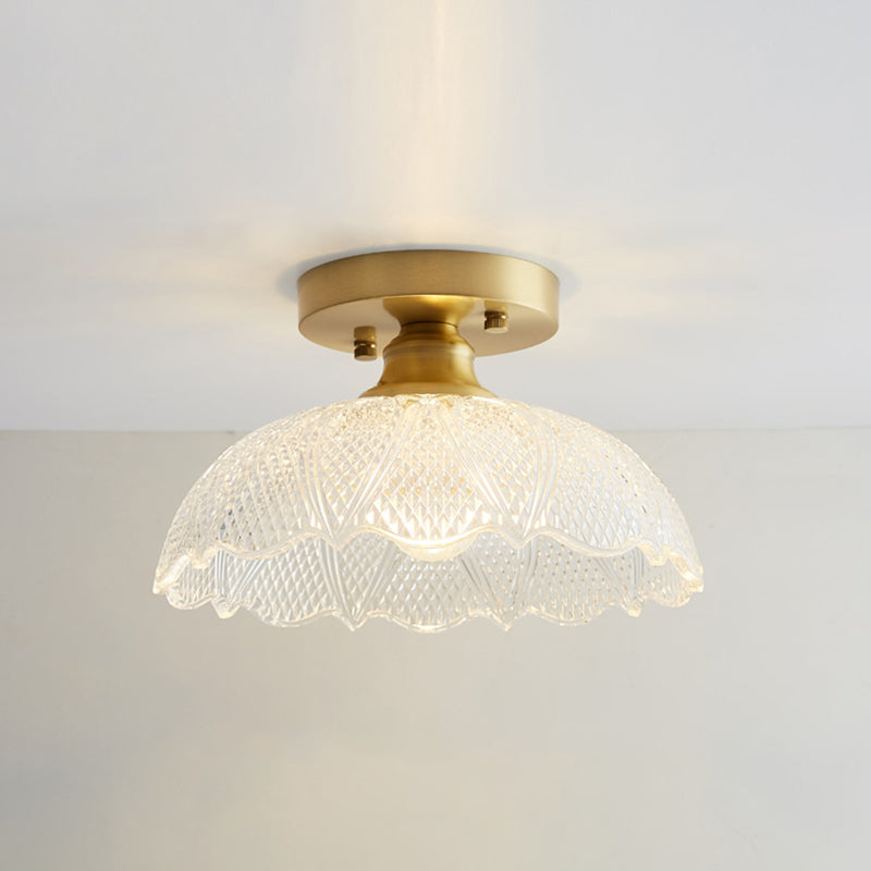 Industrial Small Ceiling Light Fixture 1-Light Textured Glass Semi Flush Mount in Brass for Aisle Brass Umbrella Clearhalo 'Ceiling Lights' 'Close To Ceiling Lights' 'Close to ceiling' 'Semi-flushmount' Lighting' 2466322