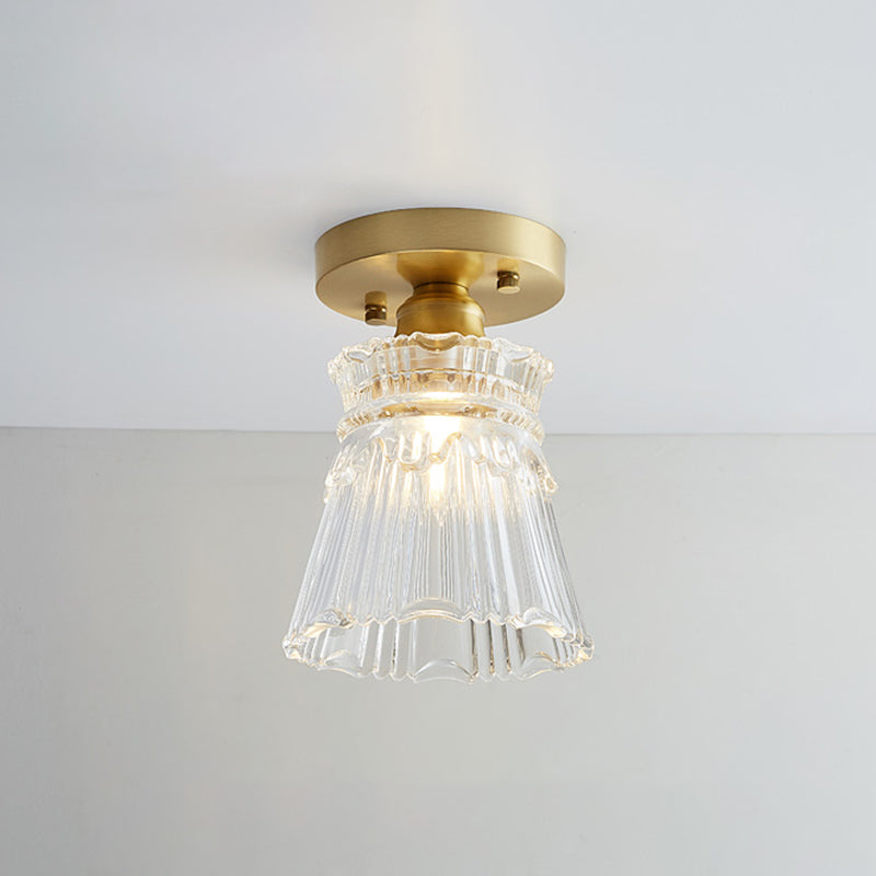 Industrial Small Ceiling Light Fixture 1-Light Textured Glass Semi Flush Mount in Brass for Aisle Brass Flared Clearhalo 'Ceiling Lights' 'Close To Ceiling Lights' 'Close to ceiling' 'Semi-flushmount' Lighting' 2466324