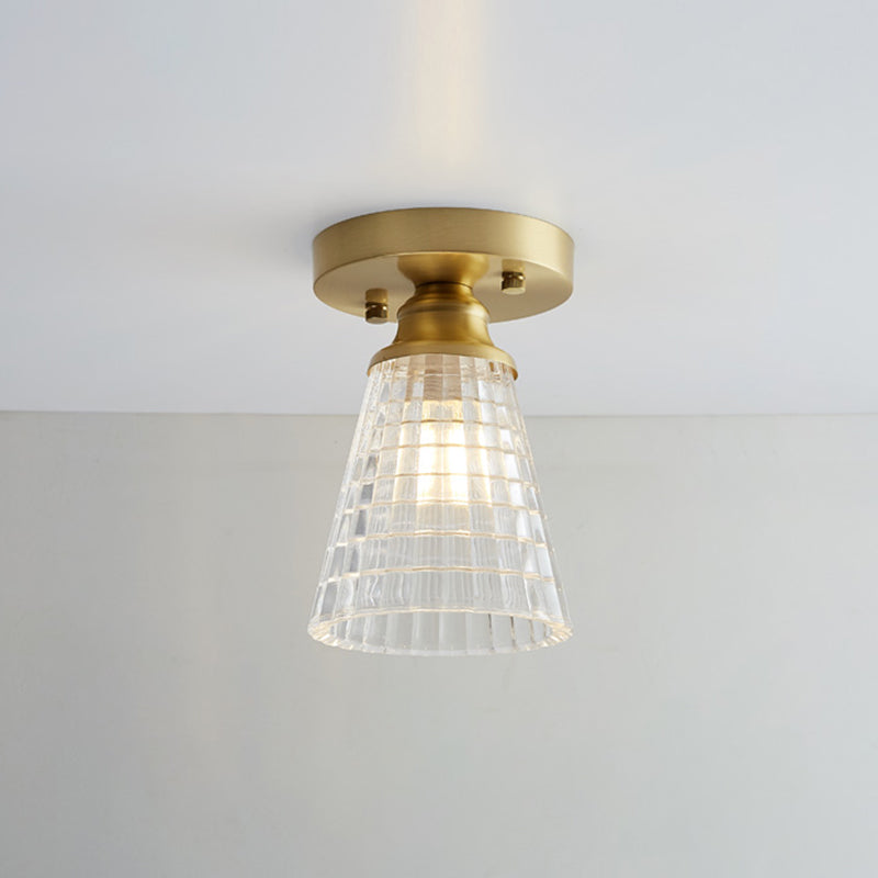 Industrial Small Ceiling Light Fixture 1-Light Textured Glass Semi Flush Mount in Brass for Aisle Brass Trumpet Clearhalo 'Ceiling Lights' 'Close To Ceiling Lights' 'Close to ceiling' 'Semi-flushmount' Lighting' 2466326