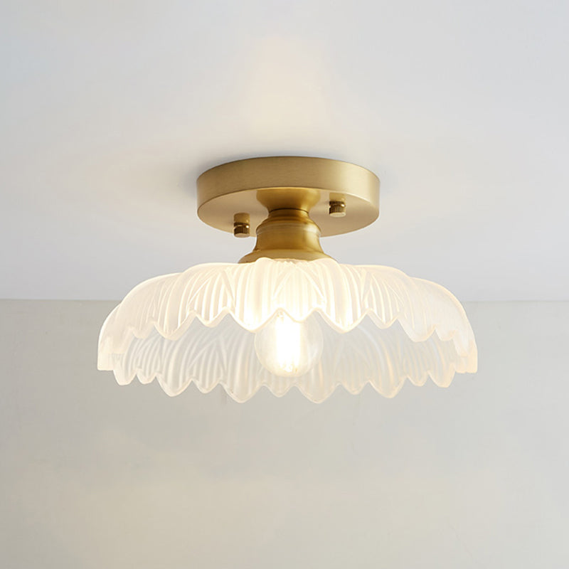 Industrial Small Ceiling Light Fixture 1-Light Textured Glass Semi Flush Mount in Brass for Aisle Brass Flower Clearhalo 'Ceiling Lights' 'Close To Ceiling Lights' 'Close to ceiling' 'Semi-flushmount' Lighting' 2466327