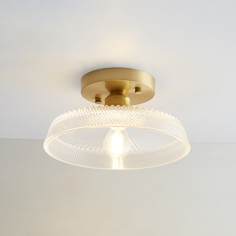 Industrial Small Ceiling Light Fixture 1-Light Textured Glass Semi Flush Mount in Brass for Aisle Brass Round Clearhalo 'Ceiling Lights' 'Close To Ceiling Lights' 'Close to ceiling' 'Semi-flushmount' Lighting' 2466329