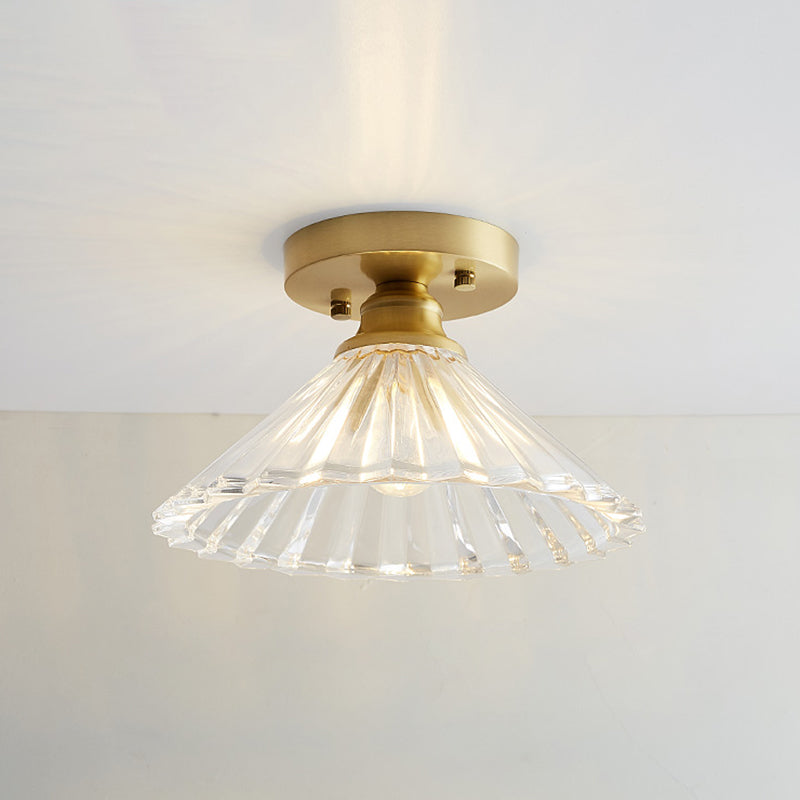 Industrial Small Ceiling Light Fixture 1-Light Textured Glass Semi Flush Mount in Brass for Aisle Brass Cone Clearhalo 'Ceiling Lights' 'Close To Ceiling Lights' 'Close to ceiling' 'Semi-flushmount' Lighting' 2466331