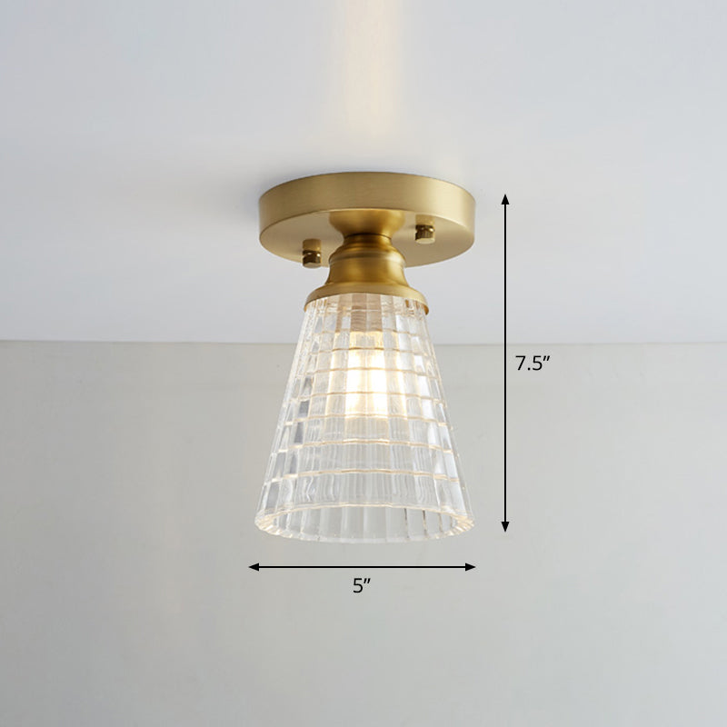 Industrial Small Ceiling Light Fixture 1-Light Textured Glass Semi Flush Mount in Brass for Aisle Clearhalo 'Ceiling Lights' 'Close To Ceiling Lights' 'Close to ceiling' 'Semi-flushmount' Lighting' 2466334