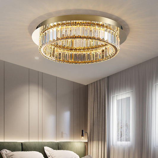 Prismatic K9 Crystal Circle Flushmount Postmodern Gold Finish Ceiling Light for Bedroom Clearhalo 'Ceiling Lights' 'Close To Ceiling Lights' 'Close to ceiling' 'Flush mount' Lighting' 2466351