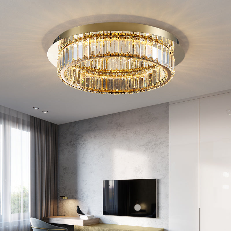 Prismatic K9 Crystal Circle Flushmount Postmodern Gold Finish Ceiling Light for Bedroom Clearhalo 'Ceiling Lights' 'Close To Ceiling Lights' 'Close to ceiling' 'Flush mount' Lighting' 2466352