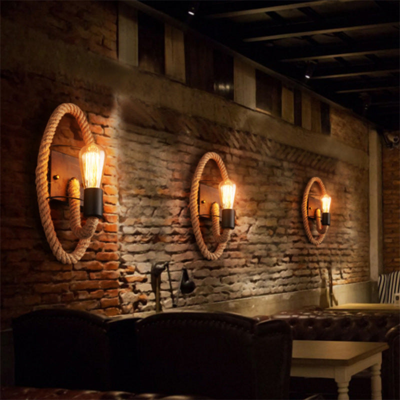 Loop Shaped Rope Wall Sconce Rustic 1-Head Corridor Wall Light with Bare Bulb Design in Wood Clearhalo 'Industrial wall lights' 'Industrial' 'Middle century wall lights' 'Tiffany' 'Wall Lamps & Sconces' 'Wall Lights' Lighting' 2466413