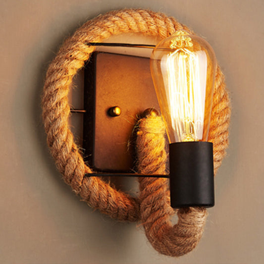 Loop Shaped Rope Wall Sconce Rustic 1-Head Corridor Wall Light with Bare Bulb Design in Wood Wood Round Clearhalo 'Industrial wall lights' 'Industrial' 'Middle century wall lights' 'Tiffany' 'Wall Lamps & Sconces' 'Wall Lights' Lighting' 2466416