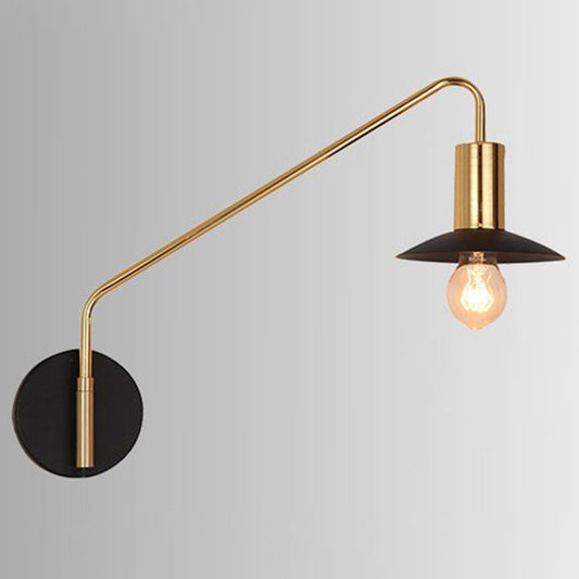 Metal Swing Arm Sconce Lamp Industrial Style Single Living Room Reading Light with Saucer Lampshade Gold-Black Hardwired Clearhalo 'Art deco wall lights' 'Cast Iron' 'Glass' 'Industrial wall lights' 'Industrial' 'Middle century wall lights' 'Modern' 'Rustic wall lights' 'Tiffany' 'Traditional wall lights' 'Wall Lamps & Sconces' 'Wall Lights' Lighting' 2466444
