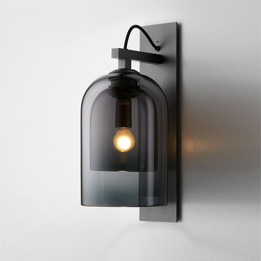 1 Bulb Living Room Sconce Fixture Mid-Century Black Wall Light with Dual Dome Glass Shade Smoke Gray Clearhalo 'Cast Iron' 'Glass' 'Industrial' 'Modern wall lights' 'Modern' 'Tiffany' 'Traditional wall lights' 'Wall Lamps & Sconces' 'Wall Lights' Lighting' 2466468