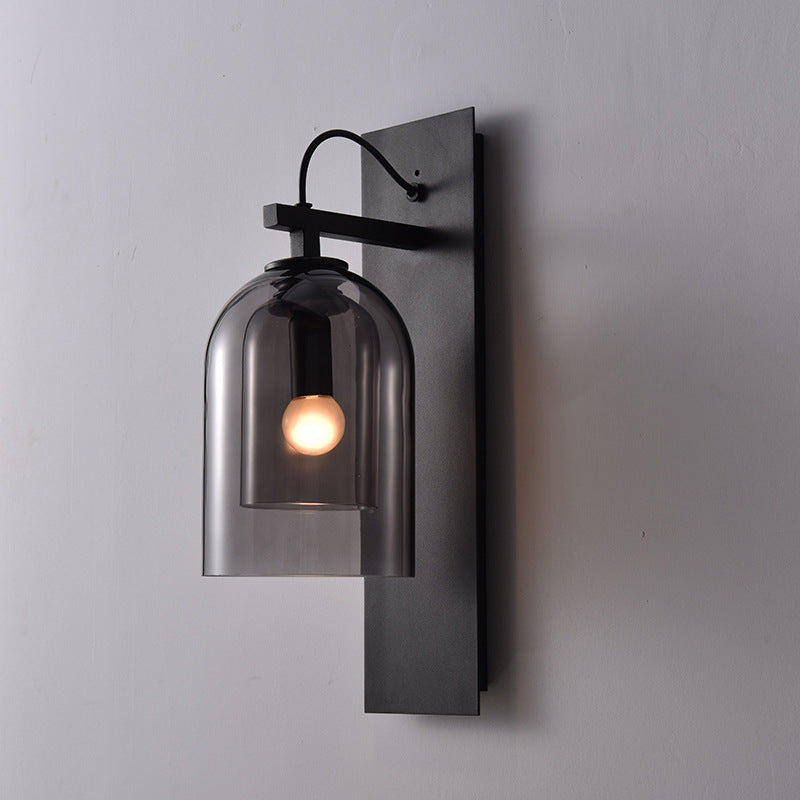 1 Bulb Living Room Sconce Fixture Mid-Century Black Wall Light with Dual Dome Glass Shade Clearhalo 'Cast Iron' 'Glass' 'Industrial' 'Modern wall lights' 'Modern' 'Tiffany' 'Traditional wall lights' 'Wall Lamps & Sconces' 'Wall Lights' Lighting' 2466470