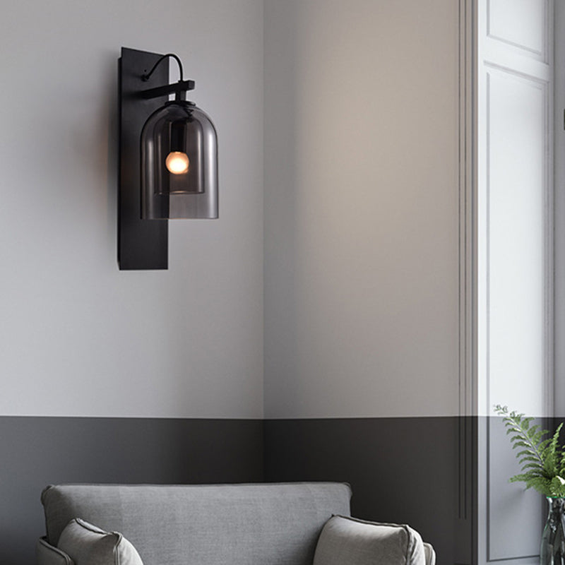 1 Bulb Living Room Sconce Fixture Mid-Century Black Wall Light with Dual Dome Glass Shade Clearhalo 'Cast Iron' 'Glass' 'Industrial' 'Modern wall lights' 'Modern' 'Tiffany' 'Traditional wall lights' 'Wall Lamps & Sconces' 'Wall Lights' Lighting' 2466471