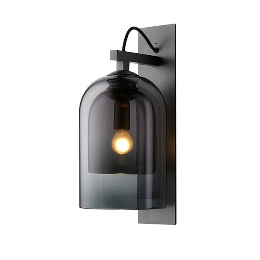 1 Bulb Living Room Sconce Fixture Mid-Century Black Wall Light with Dual Dome Glass Shade Clearhalo 'Cast Iron' 'Glass' 'Industrial' 'Modern wall lights' 'Modern' 'Tiffany' 'Traditional wall lights' 'Wall Lamps & Sconces' 'Wall Lights' Lighting' 2466472