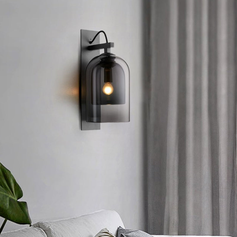 1 Bulb Living Room Sconce Fixture Mid-Century Black Wall Light with Dual Dome Glass Shade Clearhalo 'Cast Iron' 'Glass' 'Industrial' 'Modern wall lights' 'Modern' 'Tiffany' 'Traditional wall lights' 'Wall Lamps & Sconces' 'Wall Lights' Lighting' 2466473